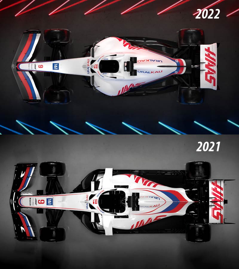 Porównanie z góry bolidów z 2021 (VF-21) i 2022 (VF-22) roku